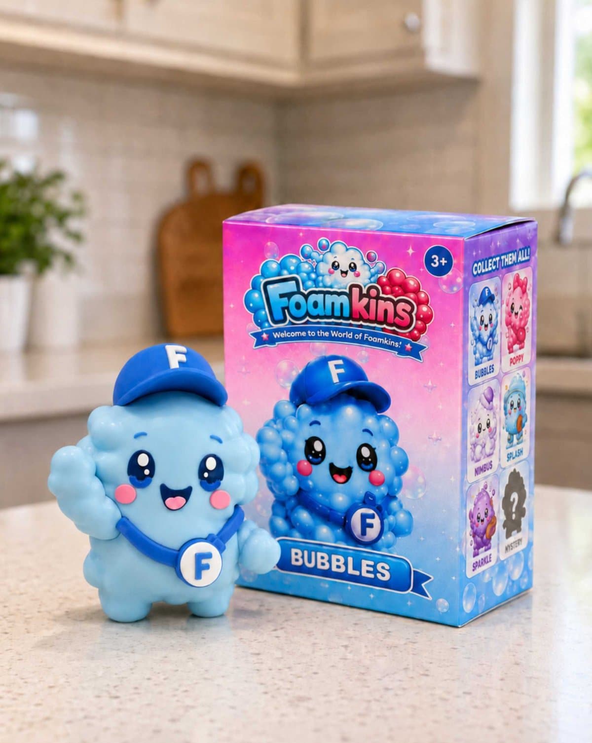 The Bubbles figure standing next to his Foamkins Series 1 collector box
