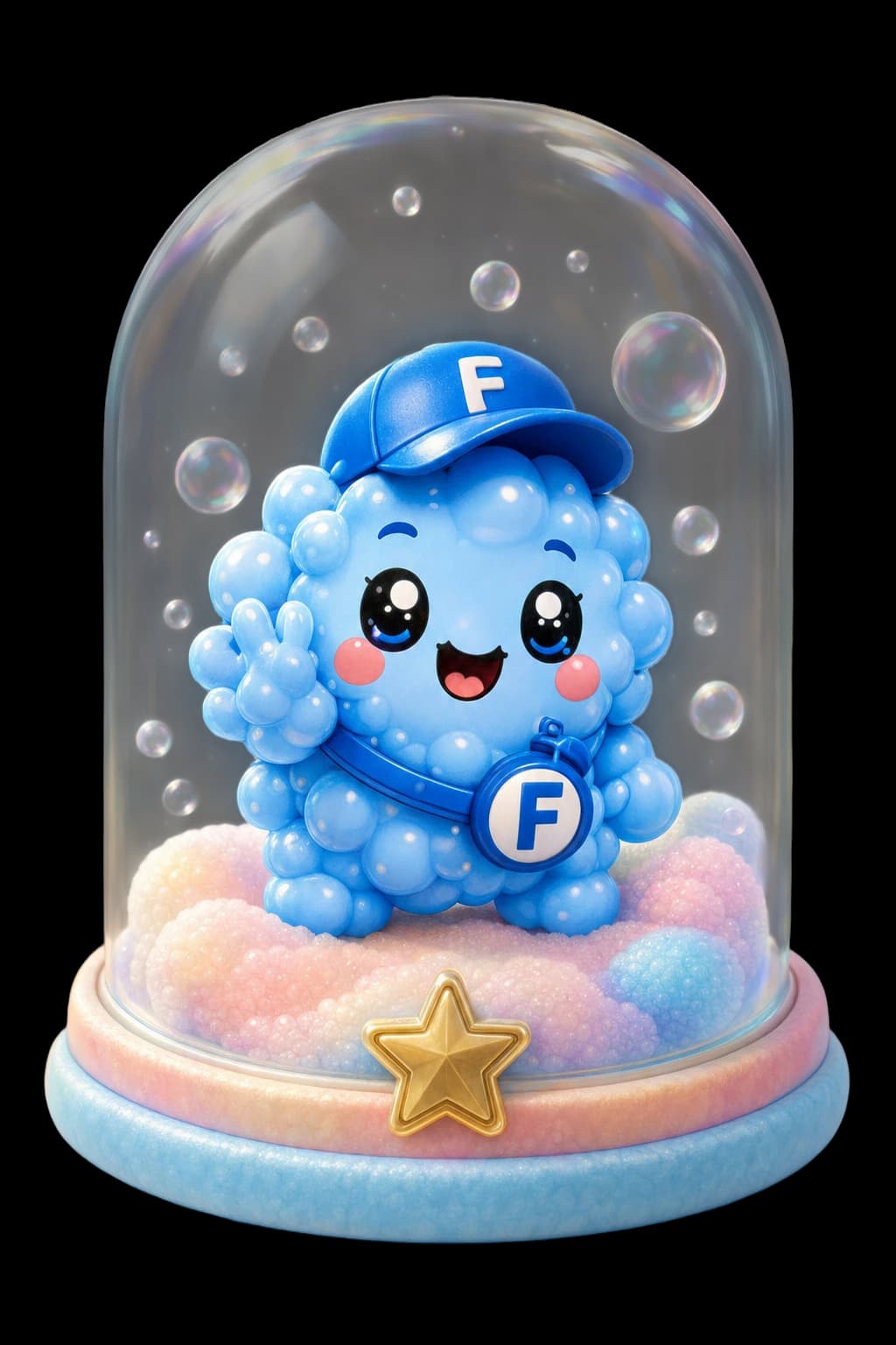 Bubbles, the happy blue Foamkin leader, standing inside a glass display dome with a gold star on the base