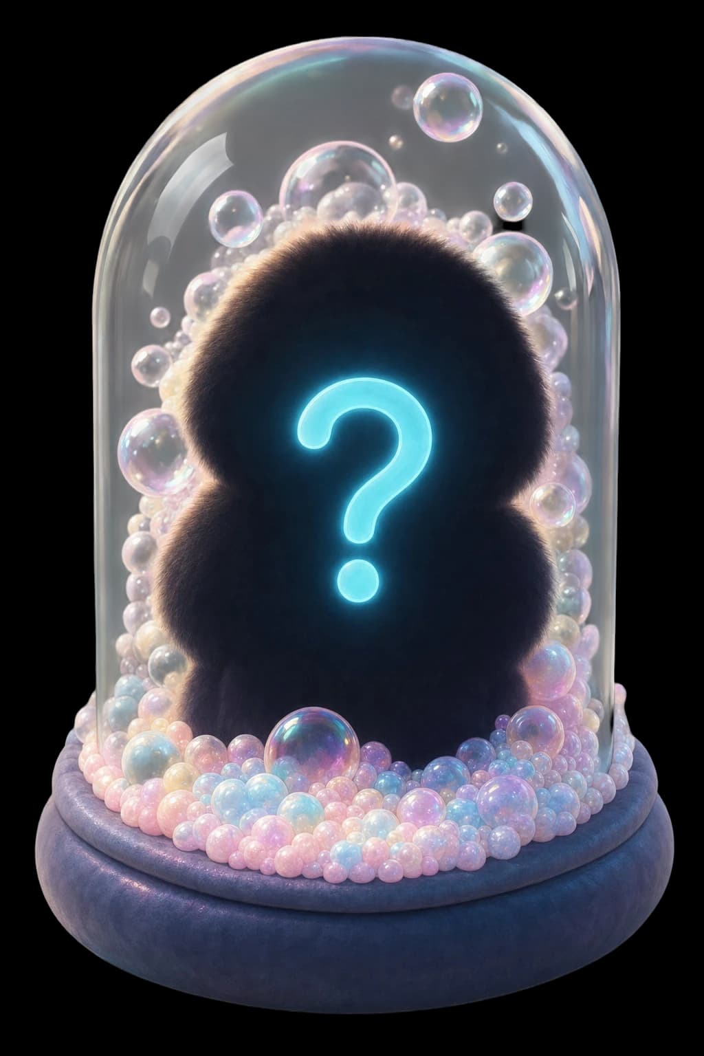 A dark, featureless mystery Foamkin silhouette inside a glass dome, lit by a glowing question mark