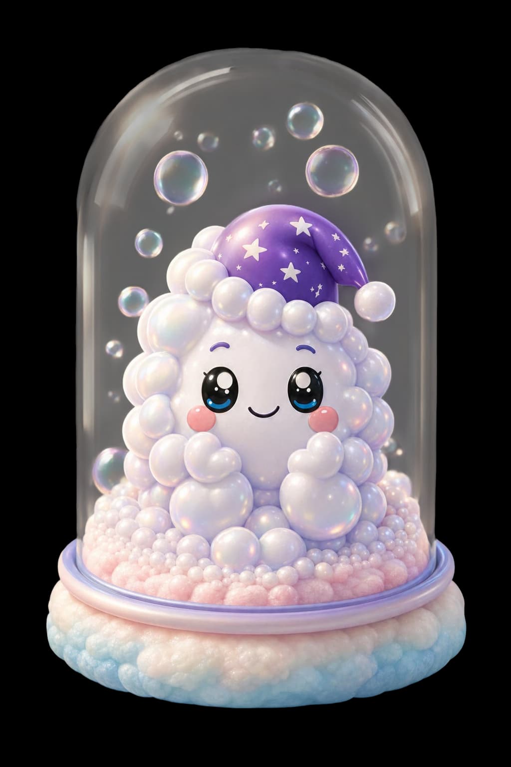 Nimbus, the soft white Foamkin thinker in a purple starry nightcap, inside a glass display dome