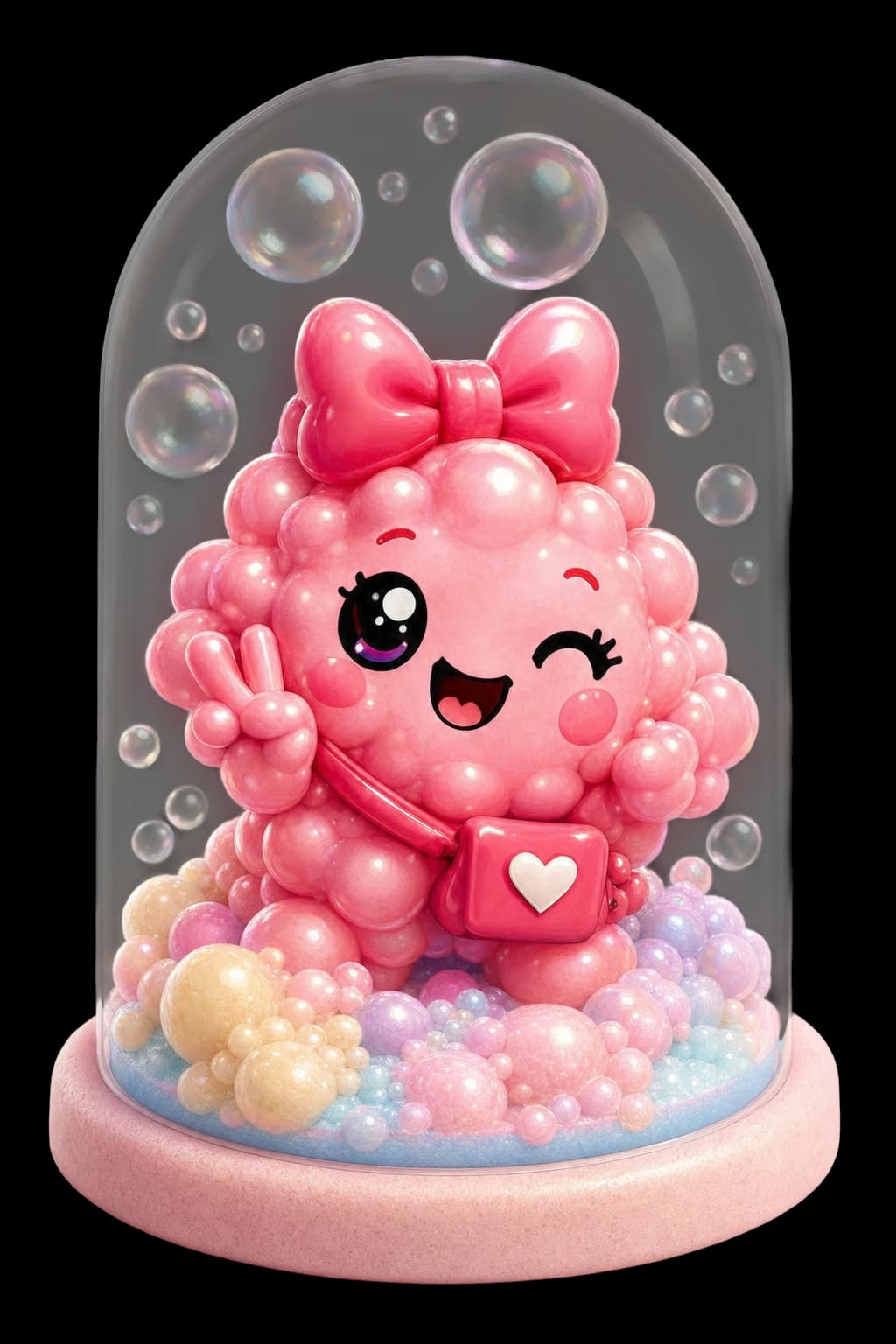 Poppy, the bright pink Foamkin adventurer with her big bow, winking inside a glass display dome