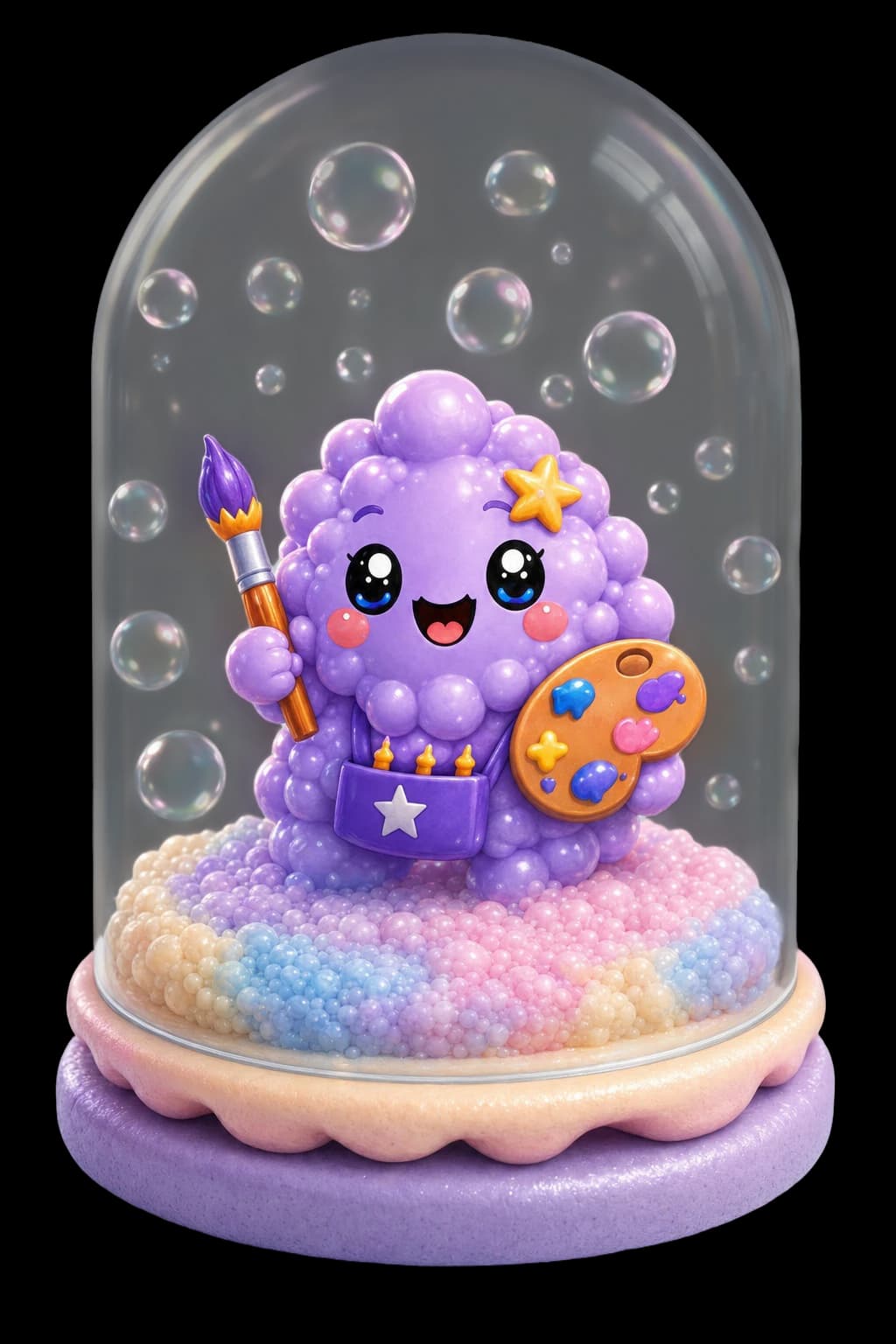 Sparkle, the purple Foamkin artist with her yellow star and paintbrush, inside a glass display dome