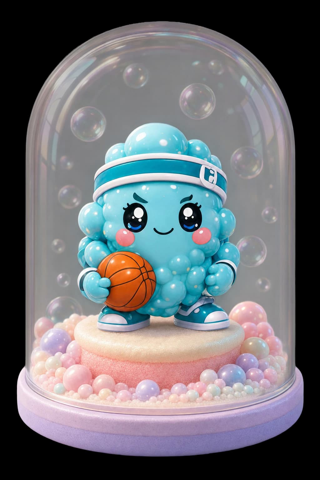 Splash, the teal Foamkin champion holding a basketball, inside a glass display dome