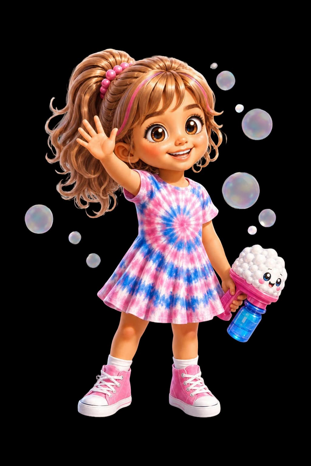 Charleigh waving hello, Bubble Blaster at her side