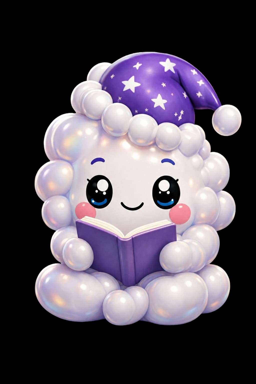 Nimbus sitting cross-legged, reading a little purple book